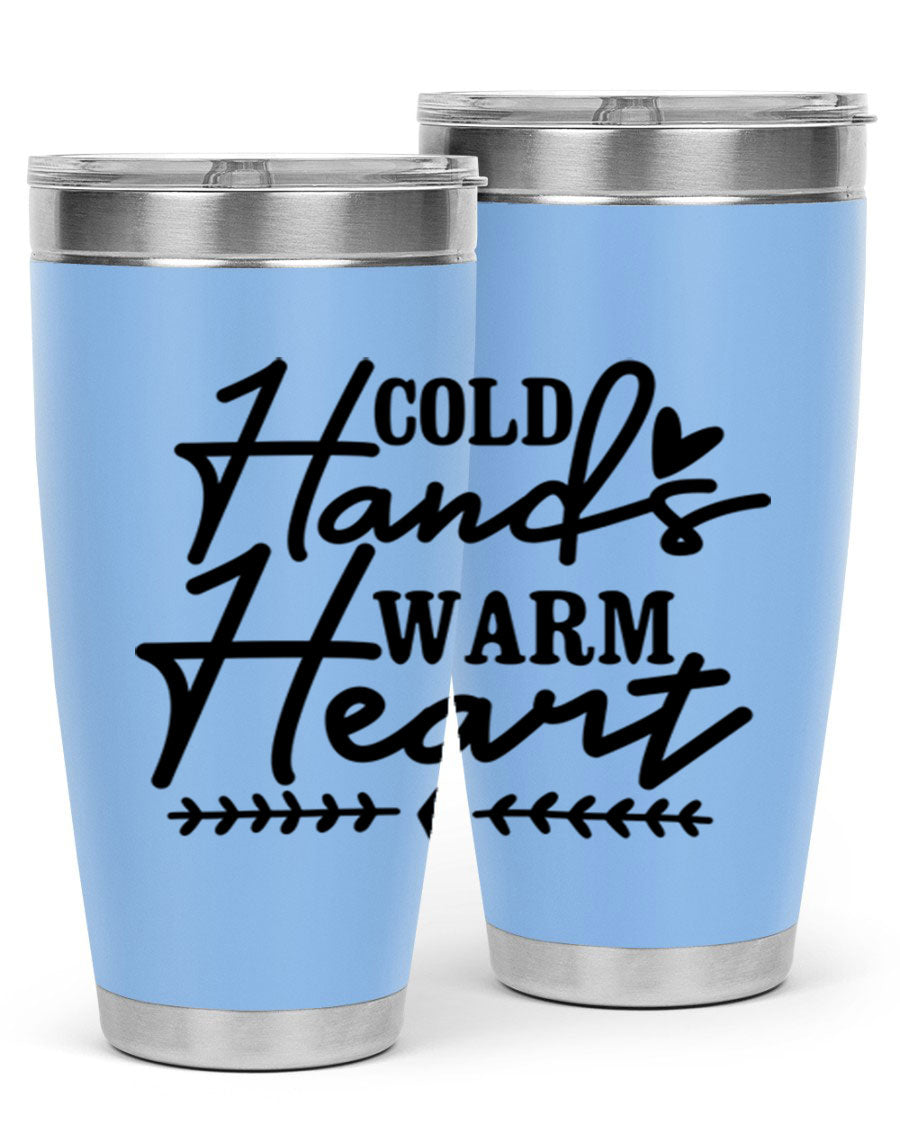 Cold Hands Warm Heart 45# winter tumbler in stainless steel with a drink-thru lid, showcasing its sleek design and vibrant print.