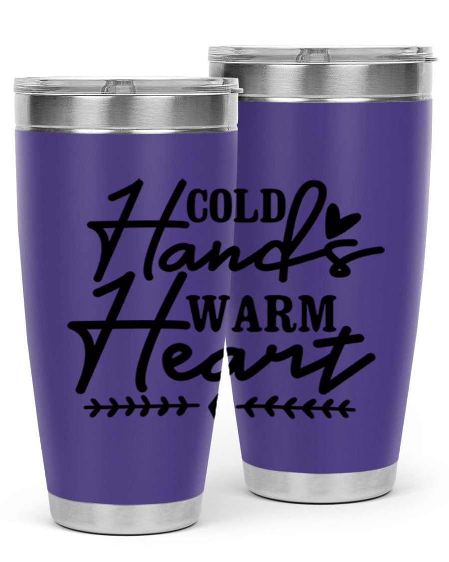 Cold Hands Warm Heart 45# winter tumbler in stainless steel with a drink-thru lid, showcasing its sleek design and vibrant print.