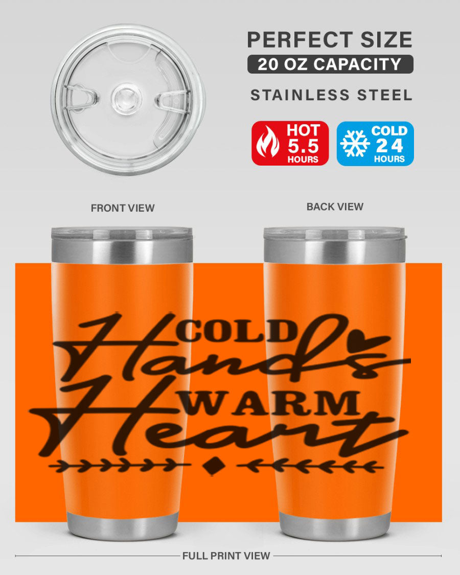 Cold Hands Warm Heart 45# winter tumbler in stainless steel with a drink-thru lid, showcasing its sleek design and vibrant print.