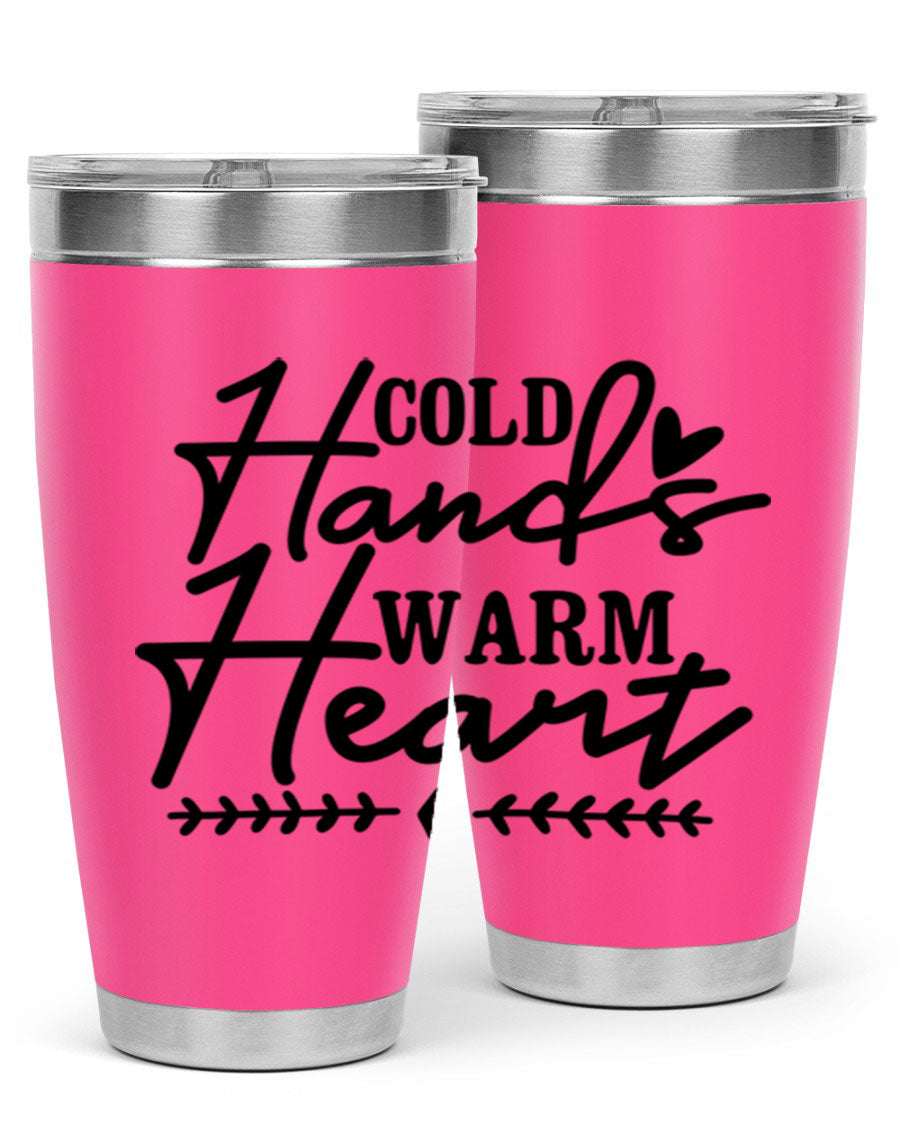 Cold Hands Warm Heart 45# winter tumbler in stainless steel with a drink-thru lid, showcasing its sleek design and vibrant print.