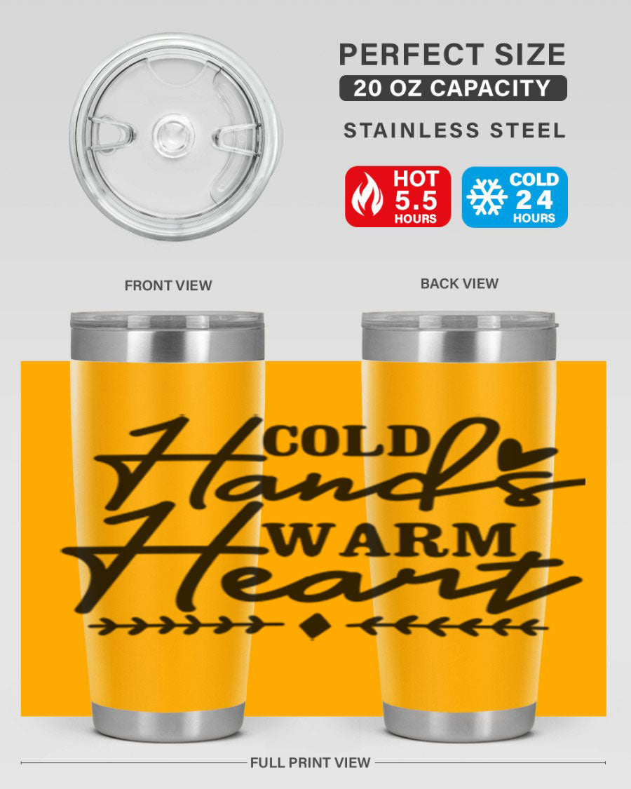 Cold Hands Warm Heart 45# winter tumbler in stainless steel with a drink-thru lid, showcasing its sleek design and vibrant print.