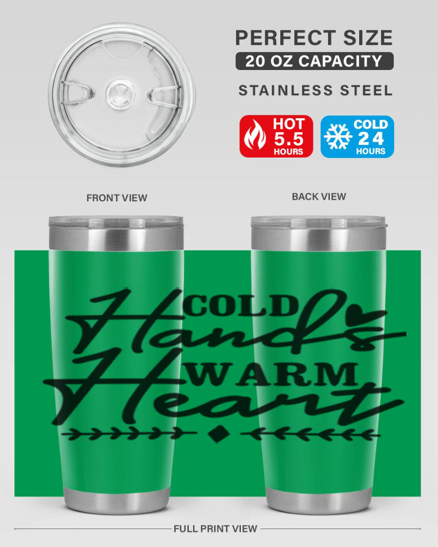Cold Hands Warm Heart 45# winter tumbler in stainless steel with a drink-thru lid, showcasing its sleek design and vibrant print.