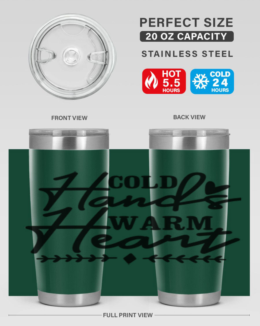 Cold Hands Warm Heart 45# winter tumbler in stainless steel with a drink-thru lid, showcasing its sleek design and vibrant print.