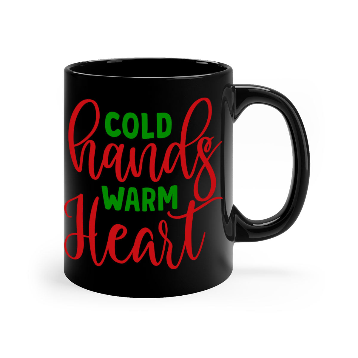 Cold Hands Warm Heart Mug featuring a glossy finish, colorful handle and interior, available in two sizes and five colors.
