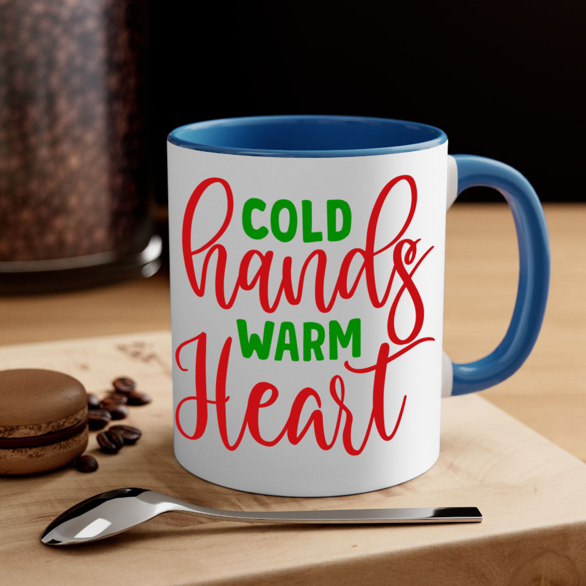 Cold Hands Warm Heart Mug featuring a glossy finish, colorful handle and interior, available in two sizes and five colors.