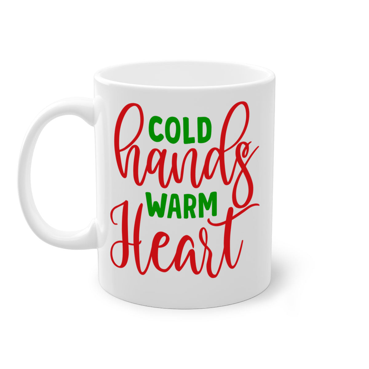 Cold Hands Warm Heart Mug featuring a glossy finish, colorful handle and interior, available in two sizes and five colors.
