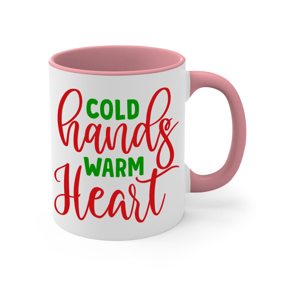 Cold Hands Warm Heart Mug featuring a glossy finish, colorful handle and interior, available in two sizes and five colors.
