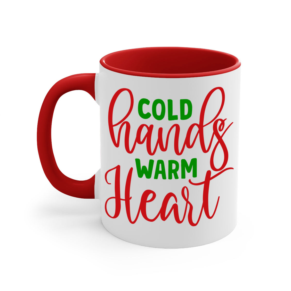 Cold Hands Warm Heart Mug featuring a glossy finish, colorful handle and interior, available in two sizes and five colors.