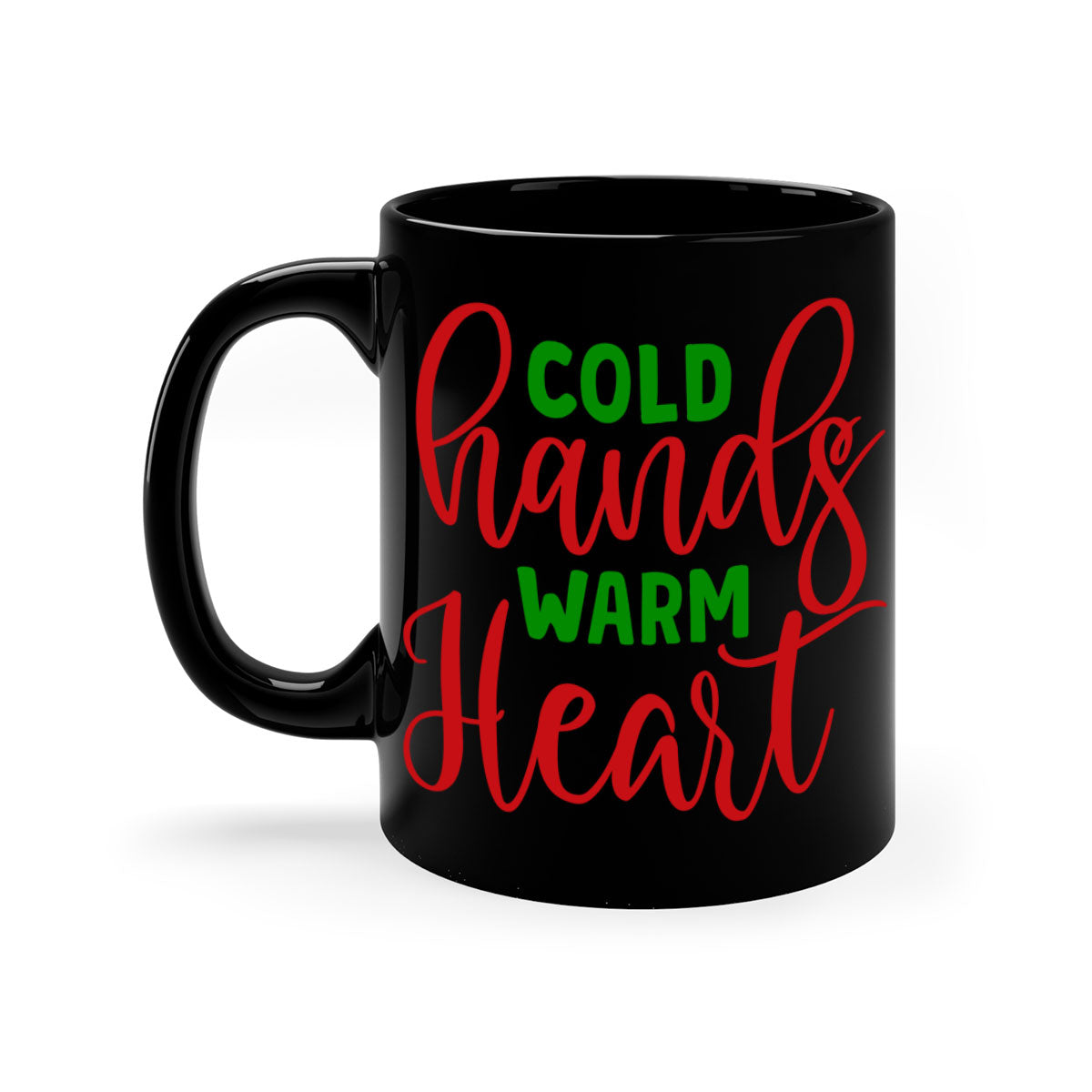 Cold Hands Warm Heart Mug featuring a glossy finish, colorful handle and interior, available in two sizes and five colors.