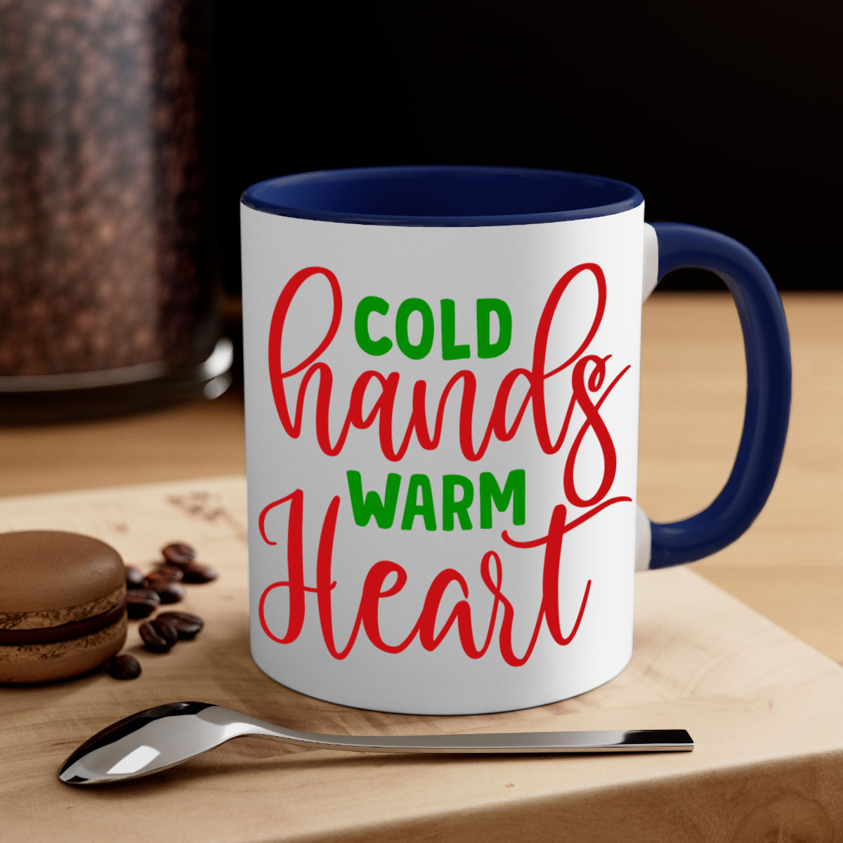Cold Hands Warm Heart Mug featuring a glossy finish, colorful handle and interior, available in two sizes and five colors.