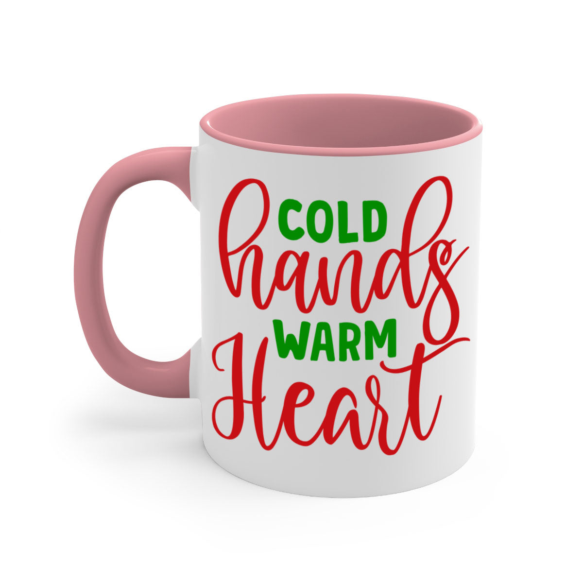 Cold Hands Warm Heart Mug featuring a glossy finish, colorful handle and interior, available in two sizes and five colors.