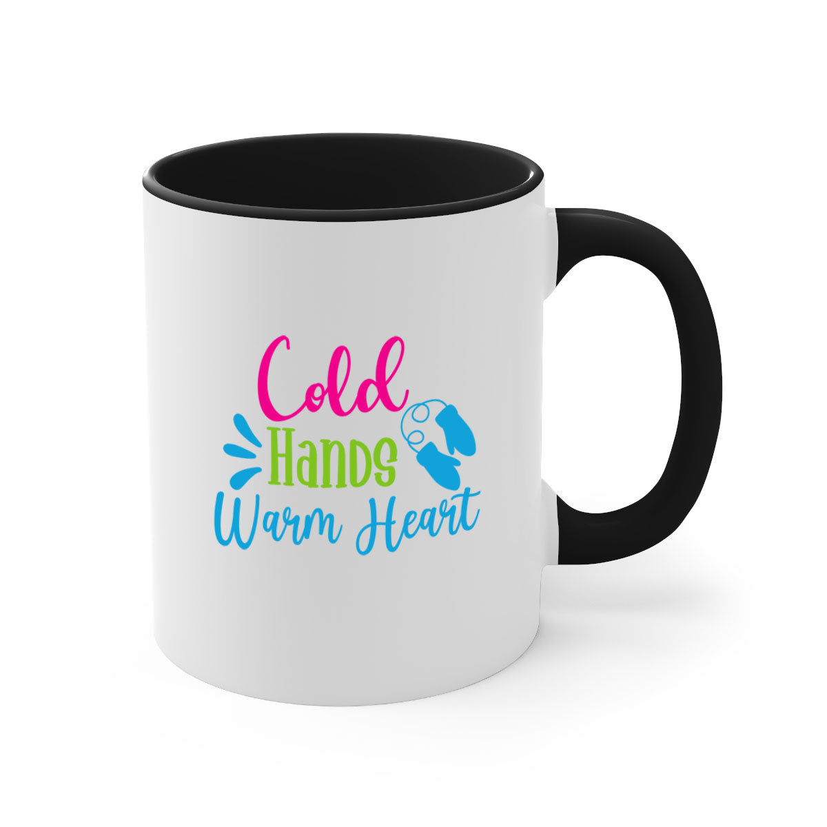 Cold Hands Warm Heart winter mug with a glossy finish, featuring a colored handle and interior, available in multiple colors.