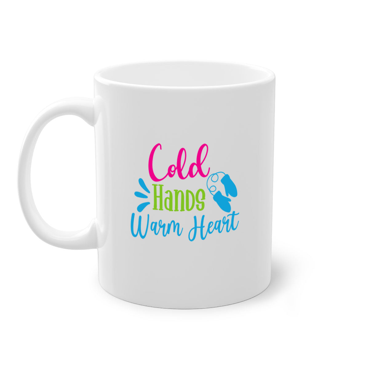 Cold Hands Warm Heart winter mug with a glossy finish, featuring a colored handle and interior, available in multiple colors.