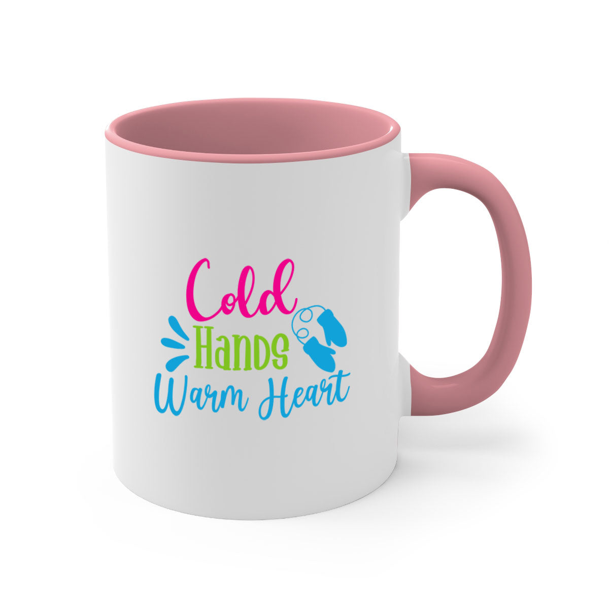 Cold Hands Warm Heart winter mug with a glossy finish, featuring a colored handle and interior, available in multiple colors.