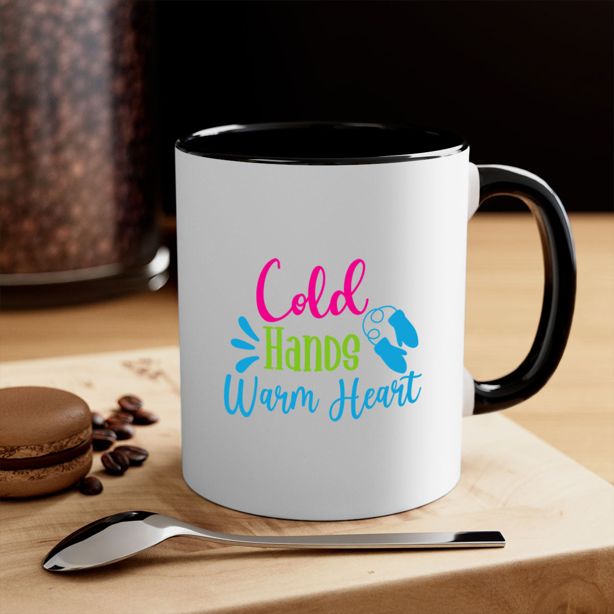 Cold Hands Warm Heart winter mug with a glossy finish, featuring a colored handle and interior, available in multiple colors.
