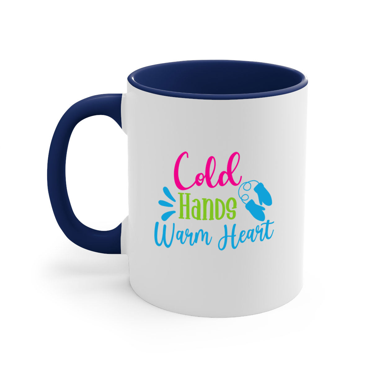 Cold Hands Warm Heart winter mug with a glossy finish, featuring a colored handle and interior, available in multiple colors.
