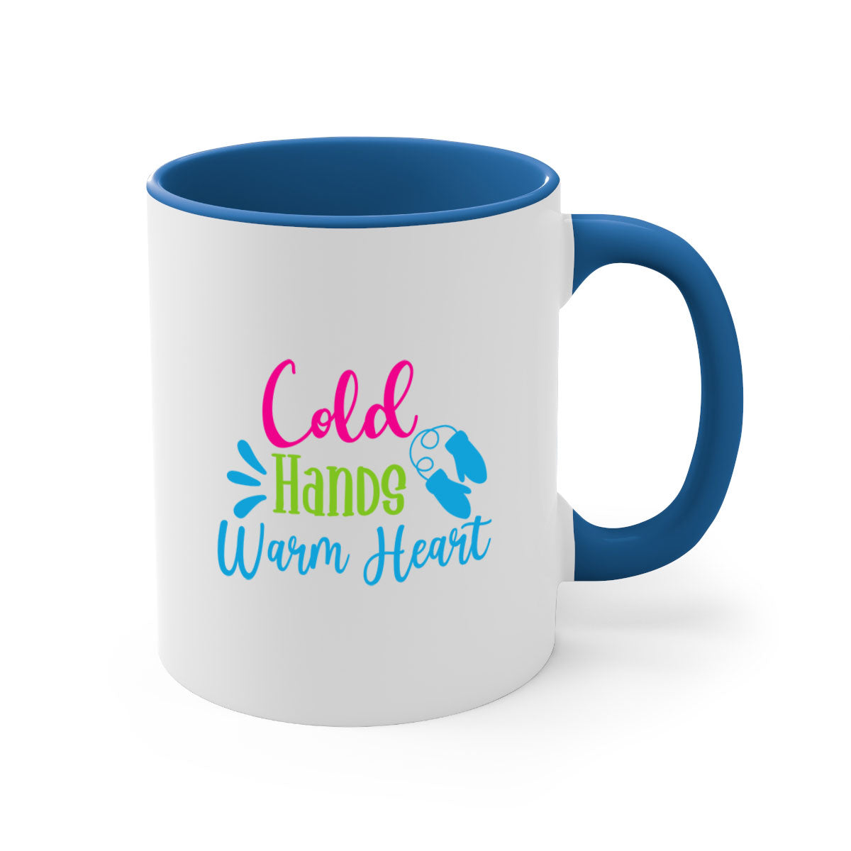 Cold Hands Warm Heart winter mug with a glossy finish, featuring a colored handle and interior, available in multiple colors.