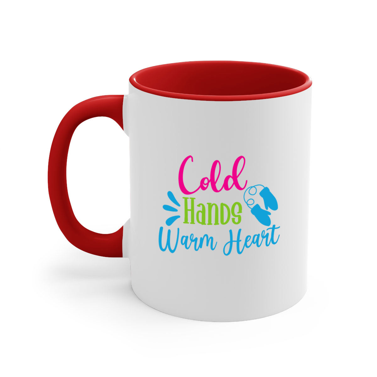 Cold Hands Warm Heart winter mug with a glossy finish, featuring a colored handle and interior, available in multiple colors.