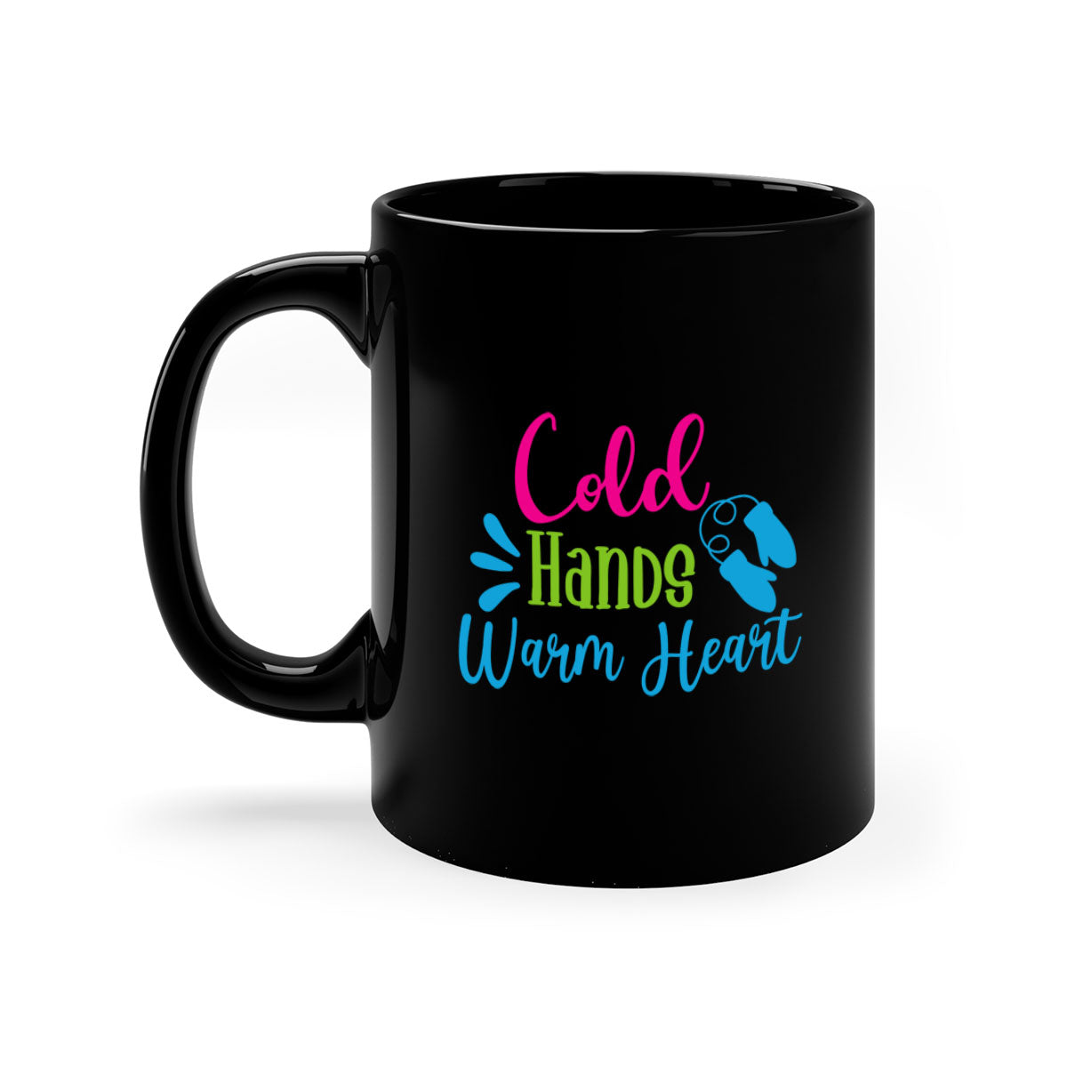 Cold Hands Warm Heart winter mug with a glossy finish, featuring a colored handle and interior, available in multiple colors.