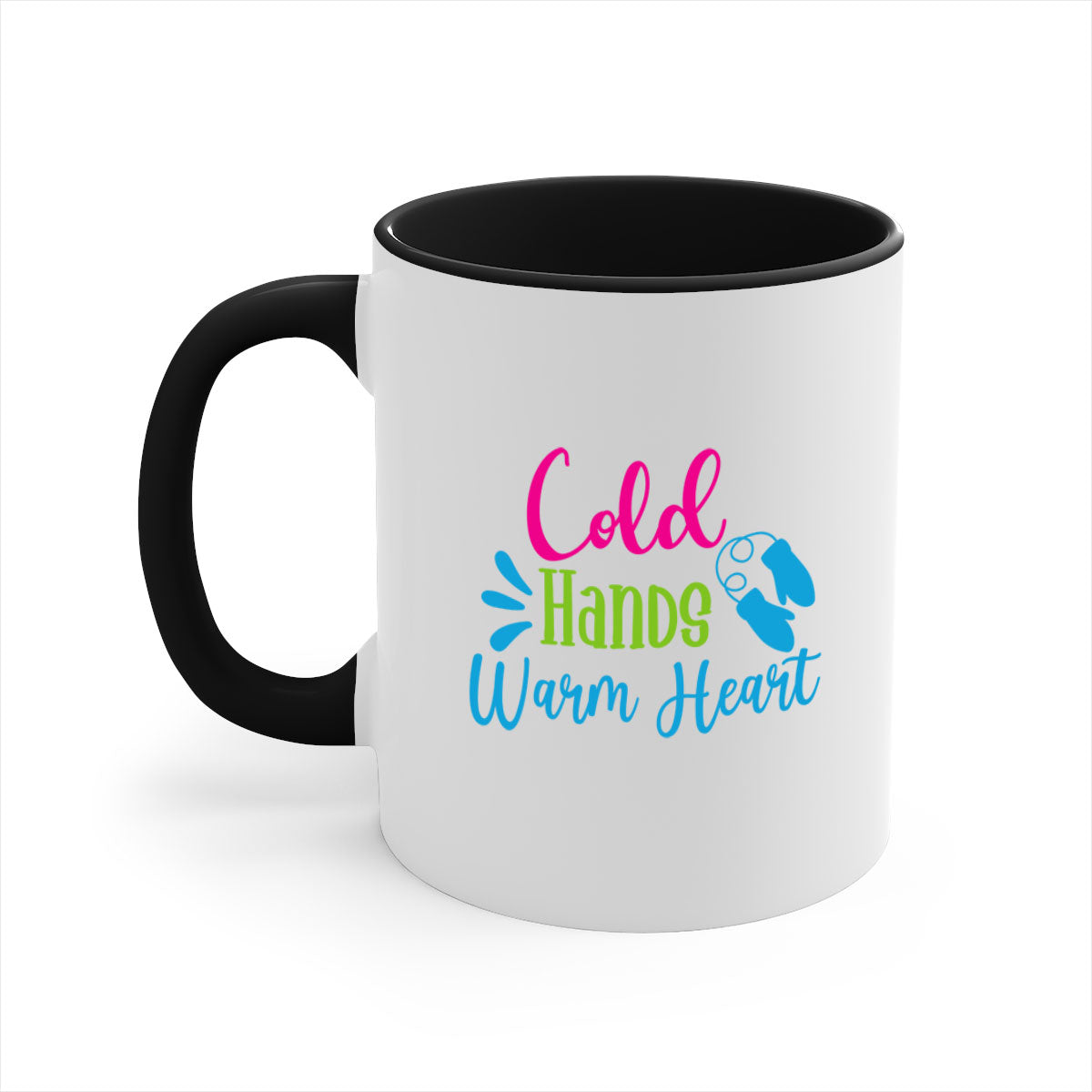 Cold Hands Warm Heart winter mug with a glossy finish, featuring a colored handle and interior, available in multiple colors.