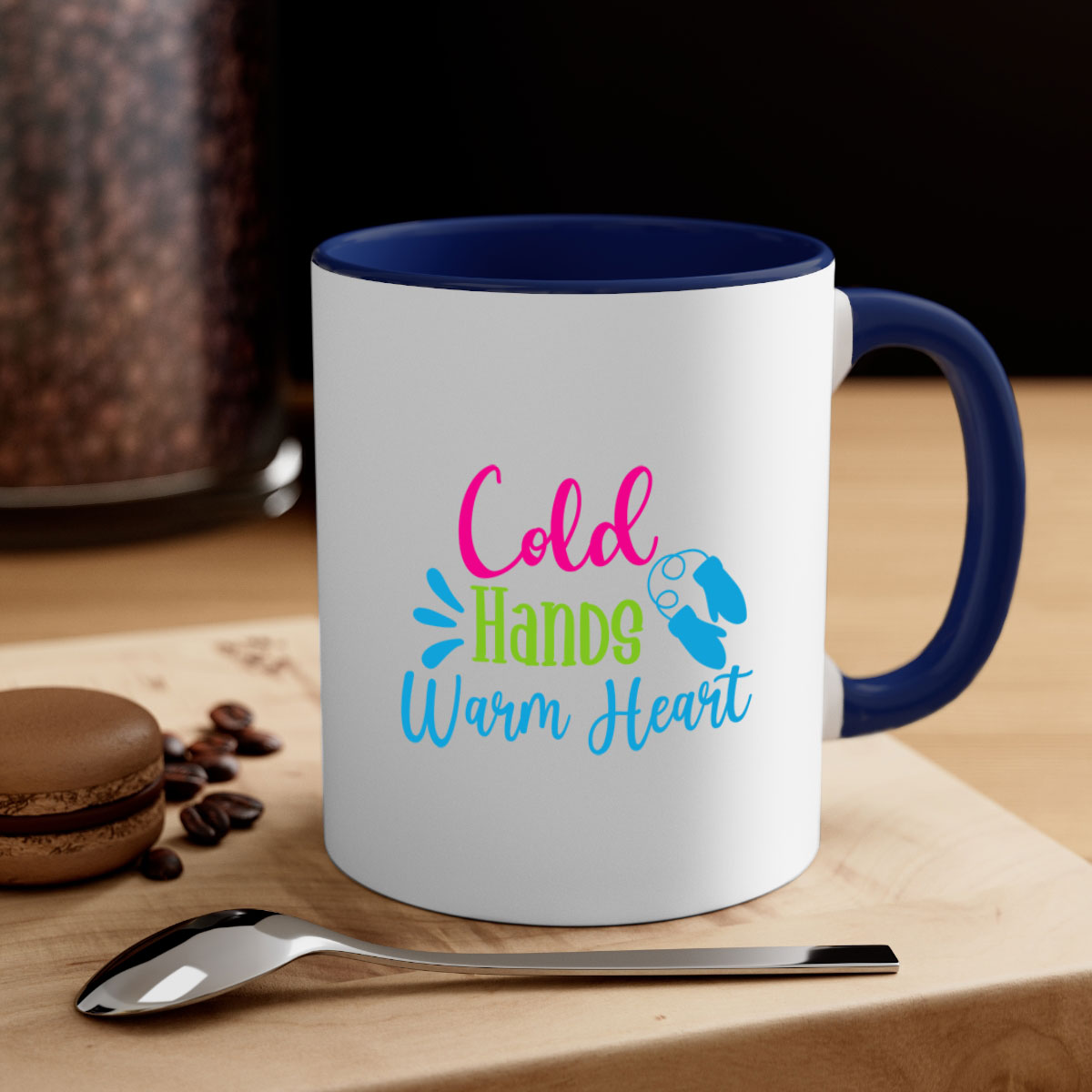 Cold Hands Warm Heart winter mug with a glossy finish, featuring a colored handle and interior, available in multiple colors.