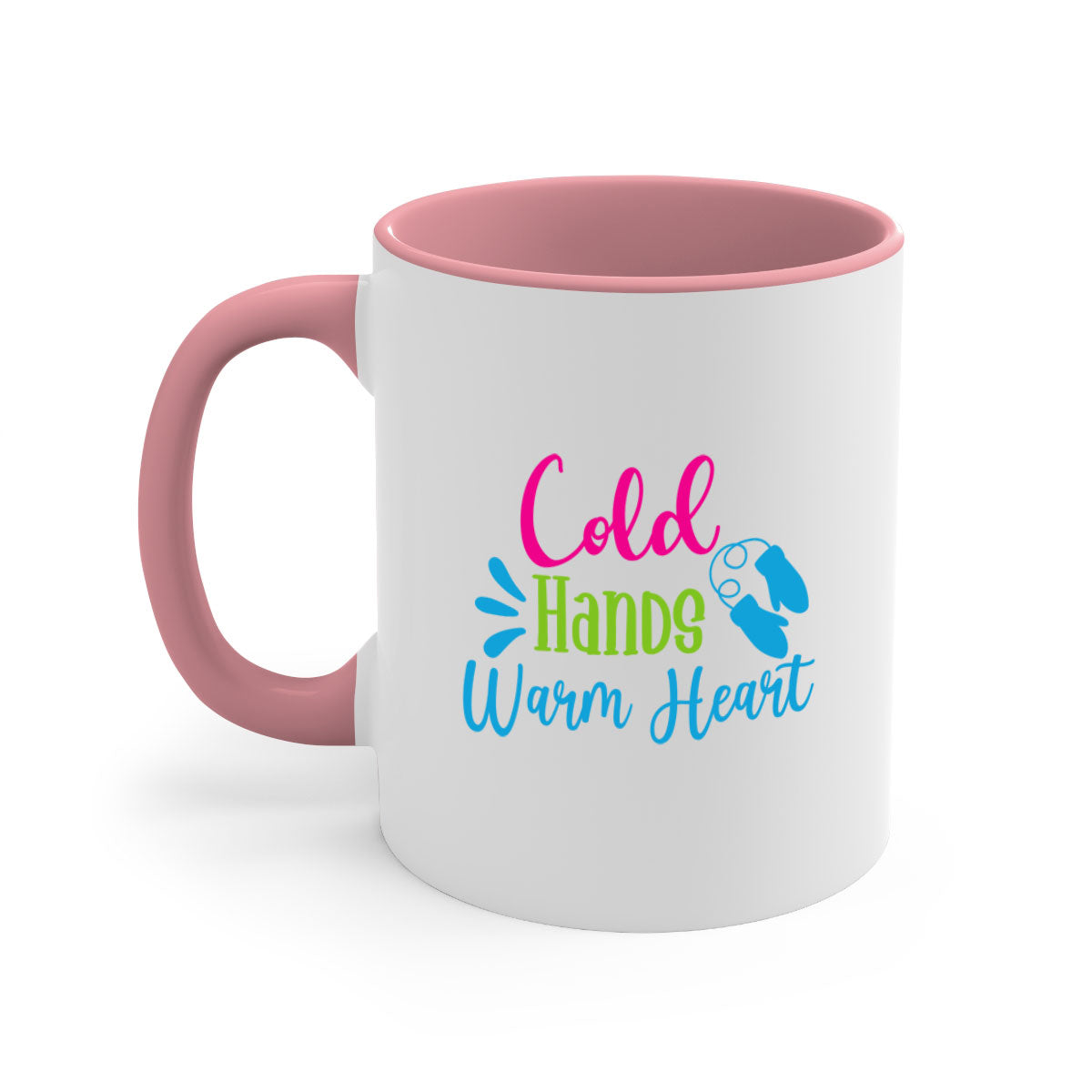 Cold Hands Warm Heart winter mug with a glossy finish, featuring a colored handle and interior, available in multiple colors.
