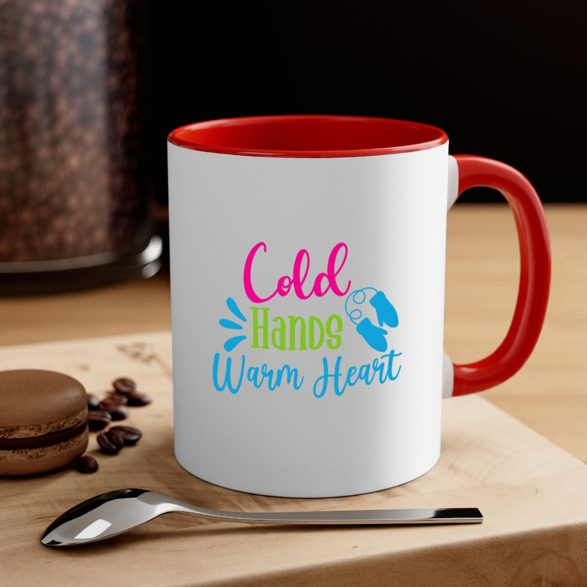 Cold Hands Warm Heart winter mug with a glossy finish, featuring a colored handle and interior, available in multiple colors.