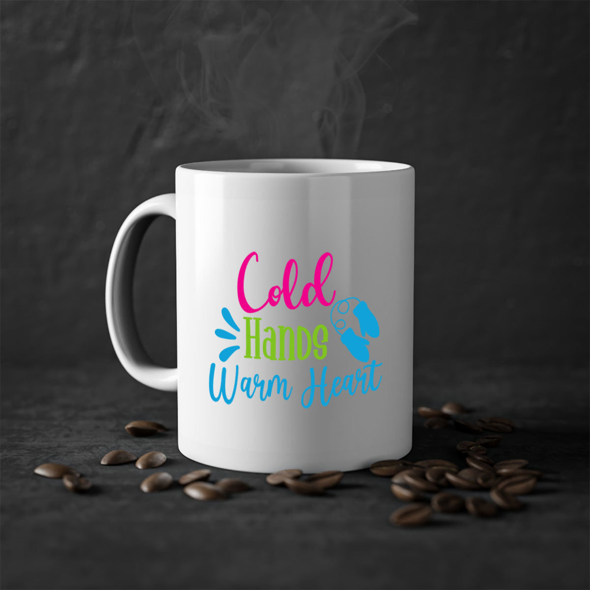 Cold Hands Warm Heart winter mug with a glossy finish, featuring a colored handle and interior, available in multiple colors.