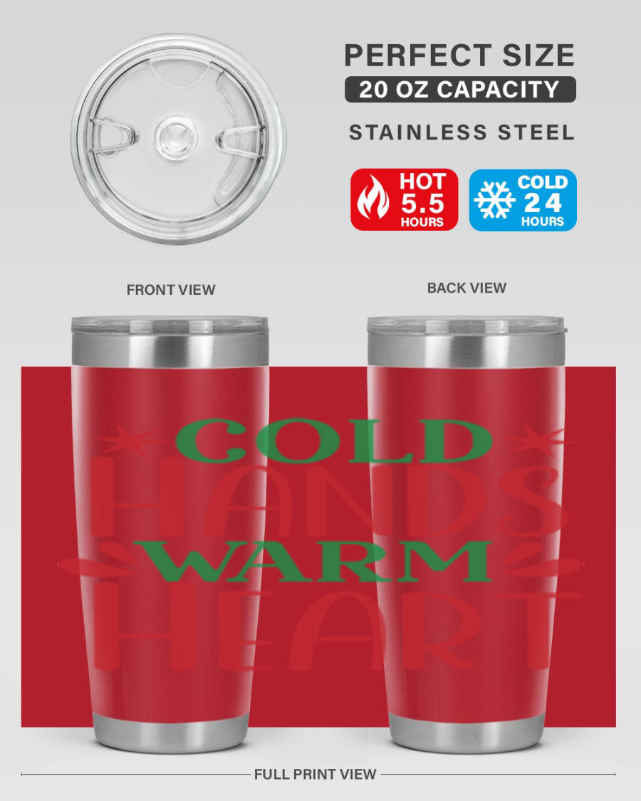 Cold Hands Warm Heart 20oz Tumbler in stainless steel with a drink-thru lid, showcasing its sleek design and vibrant print.