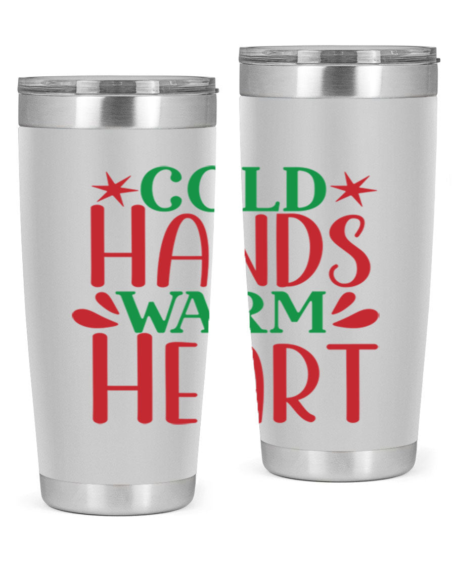 Cold Hands Warm Heart 20oz Tumbler in stainless steel with a drink-thru lid, showcasing its sleek design and vibrant print.