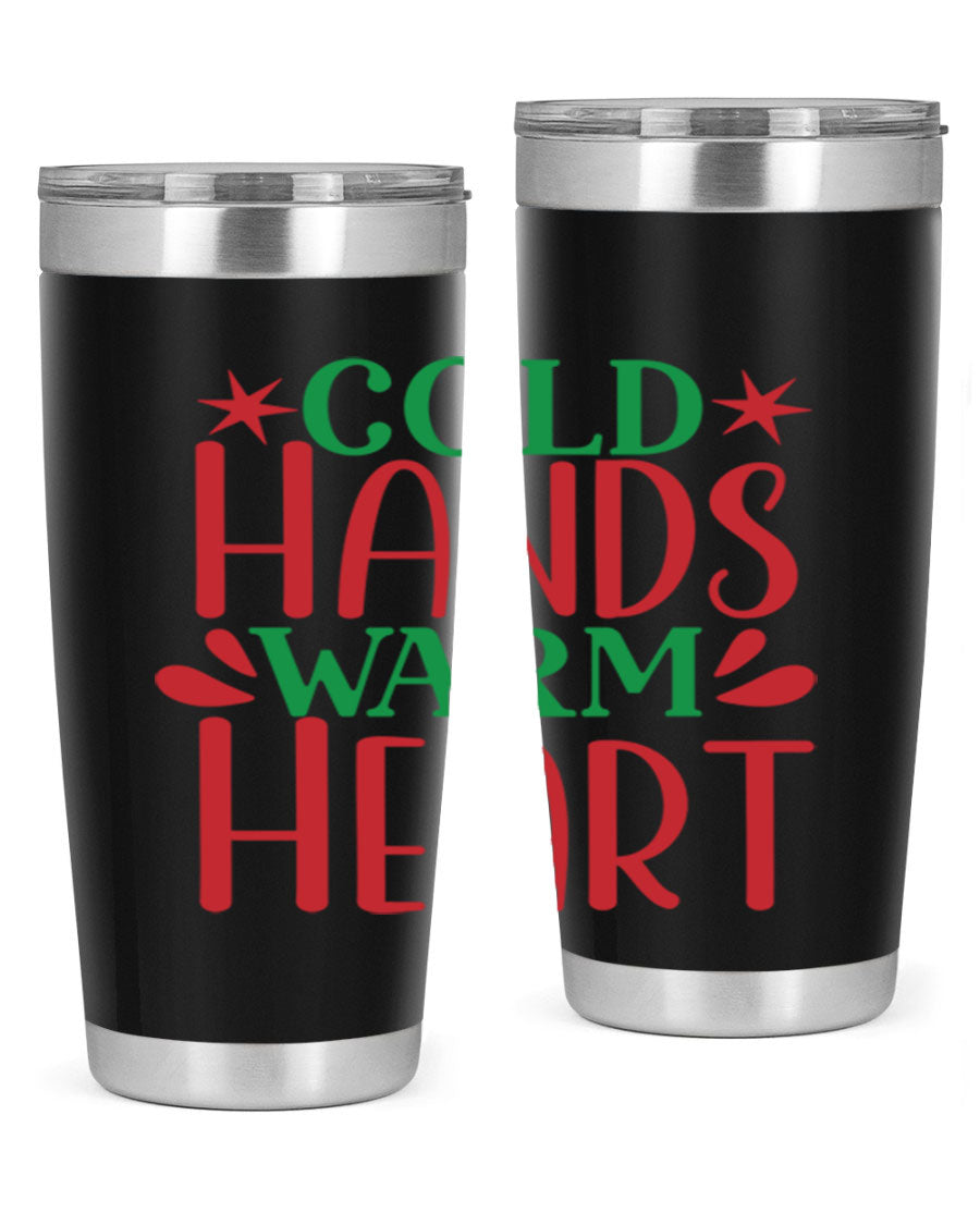 Cold Hands Warm Heart 20oz Tumbler in stainless steel with a drink-thru lid, showcasing its sleek design and vibrant print.