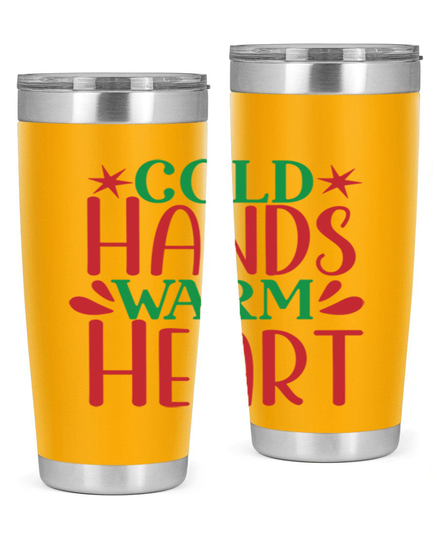 Cold Hands Warm Heart 20oz Tumbler in stainless steel with a drink-thru lid, showcasing its sleek design and vibrant print.