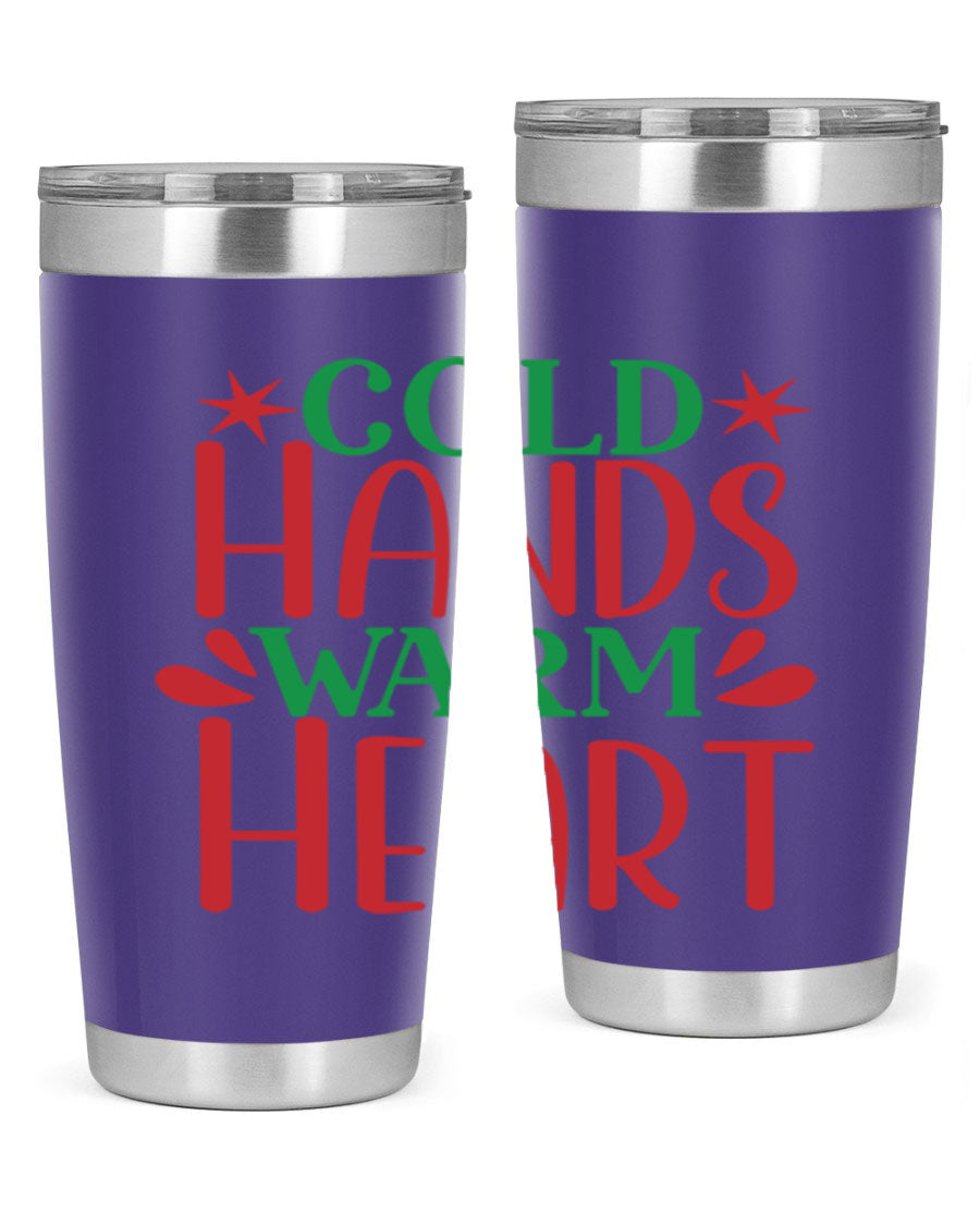 Cold Hands Warm Heart 20oz Tumbler in stainless steel with a drink-thru lid, showcasing its sleek design and vibrant print.
