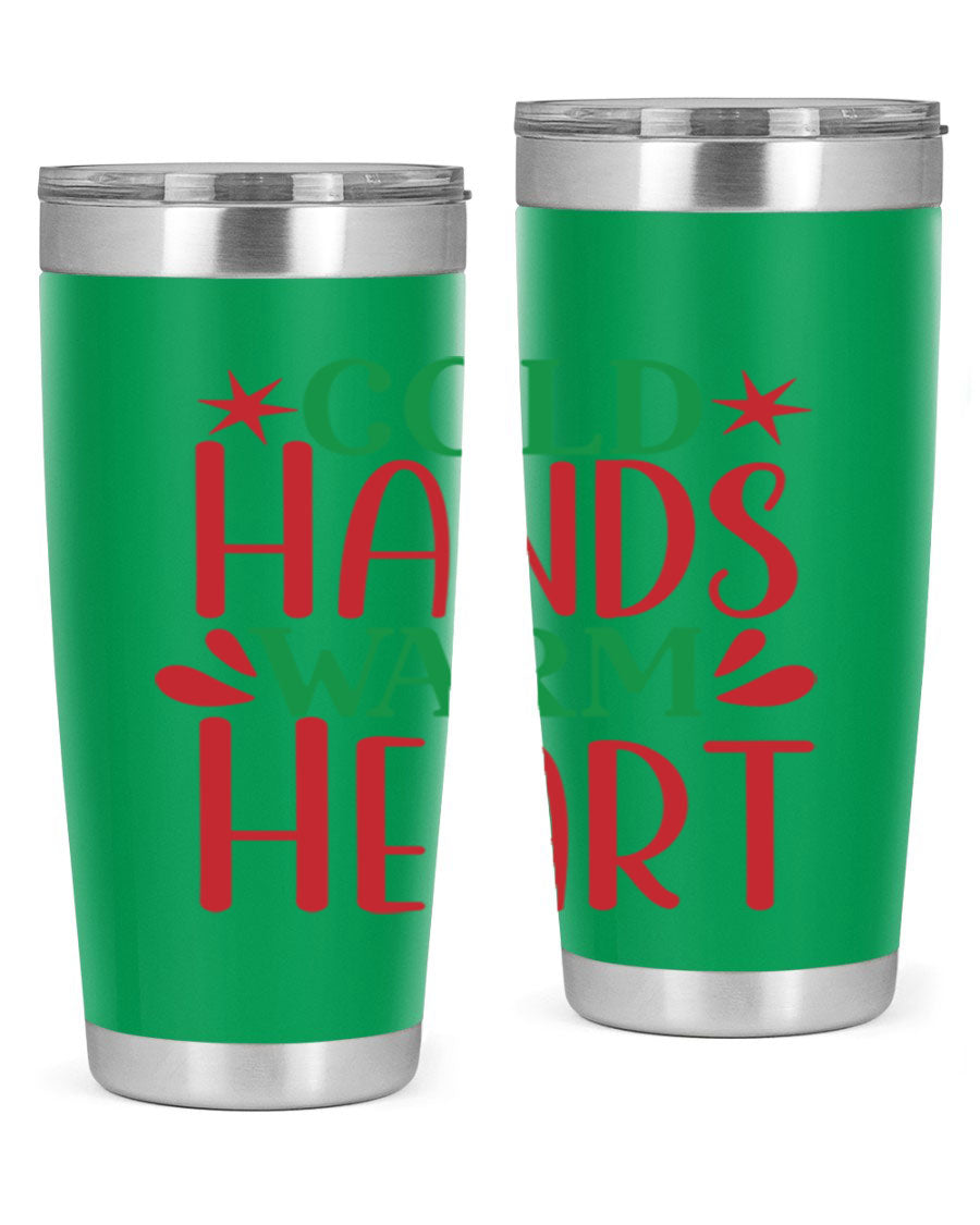 Cold Hands Warm Heart 20oz Tumbler in stainless steel with a drink-thru lid, showcasing its sleek design and vibrant print.