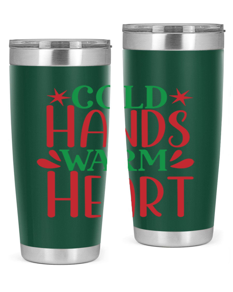 Cold Hands Warm Heart 20oz Tumbler in stainless steel with a drink-thru lid, showcasing its sleek design and vibrant print.