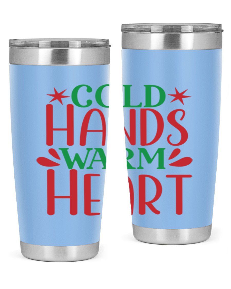 Cold Hands Warm Heart 20oz Tumbler in stainless steel with a drink-thru lid, showcasing its sleek design and vibrant print.