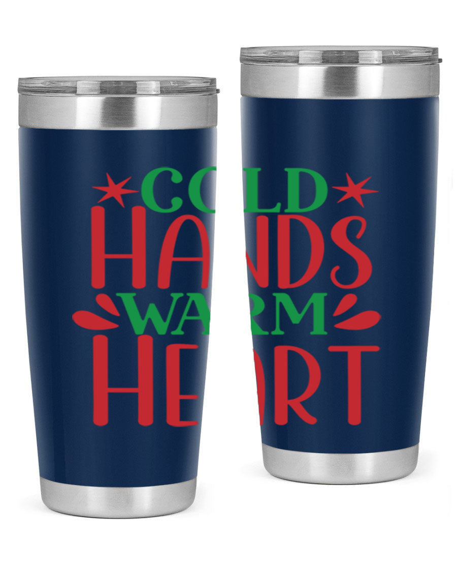 Cold Hands Warm Heart 20oz Tumbler in stainless steel with a drink-thru lid, showcasing its sleek design and vibrant print.