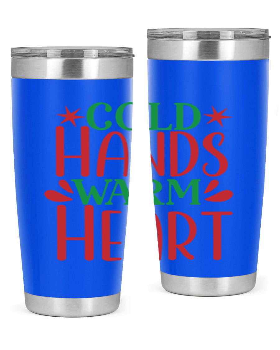 Cold Hands Warm Heart 20oz Tumbler in stainless steel with a drink-thru lid, showcasing its sleek design and vibrant print.