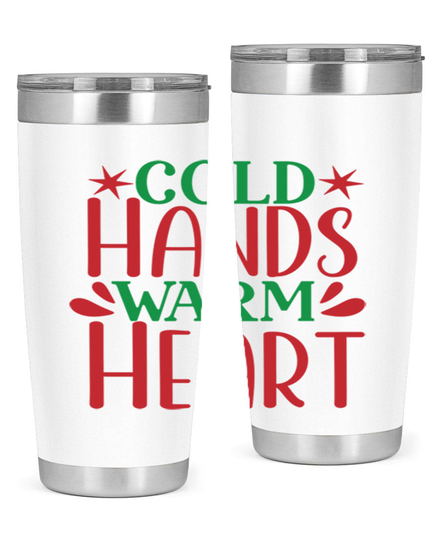 Cold Hands Warm Heart 20oz Tumbler in stainless steel with a drink-thru lid, showcasing its sleek design and vibrant print.
