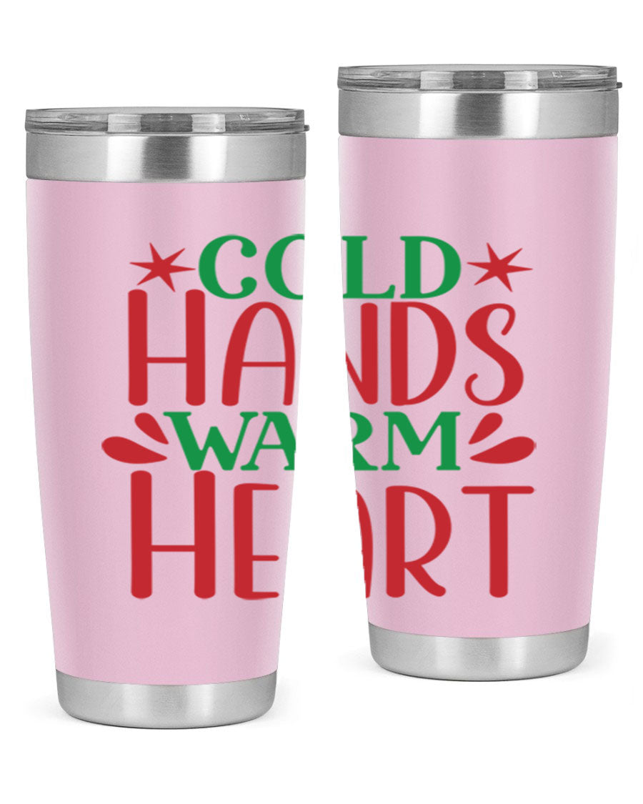 Cold Hands Warm Heart 20oz Tumbler in stainless steel with a drink-thru lid, showcasing its sleek design and vibrant print.