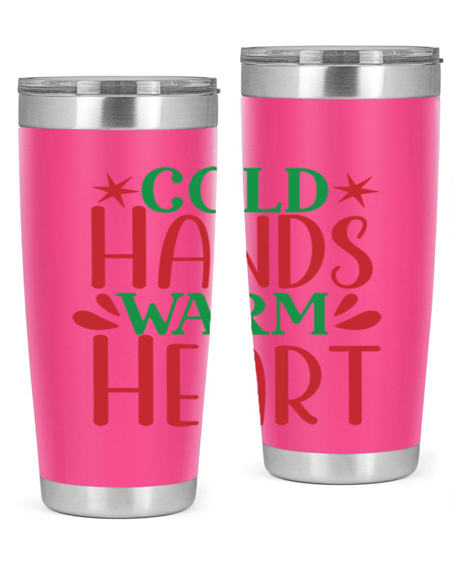Cold Hands Warm Heart 20oz Tumbler in stainless steel with a drink-thru lid, showcasing its sleek design and vibrant print.