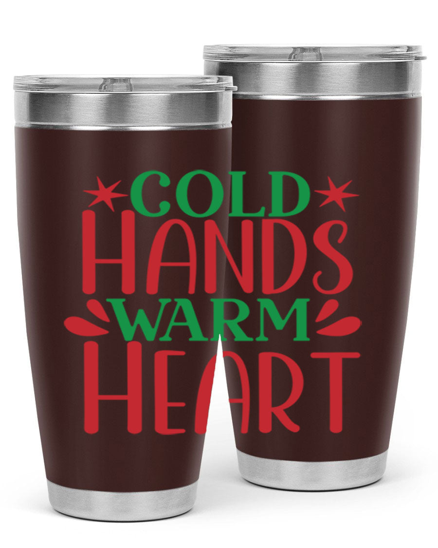 Cold Hands Warm Heart 20oz Tumbler in stainless steel with a drink-thru lid, showcasing its sleek design and vibrant print.