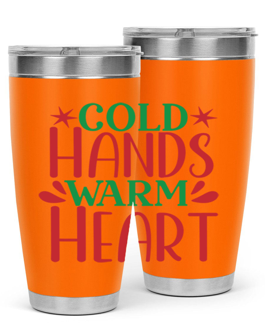 Cold Hands Warm Heart 20oz Tumbler in stainless steel with a drink-thru lid, showcasing its sleek design and vibrant print.