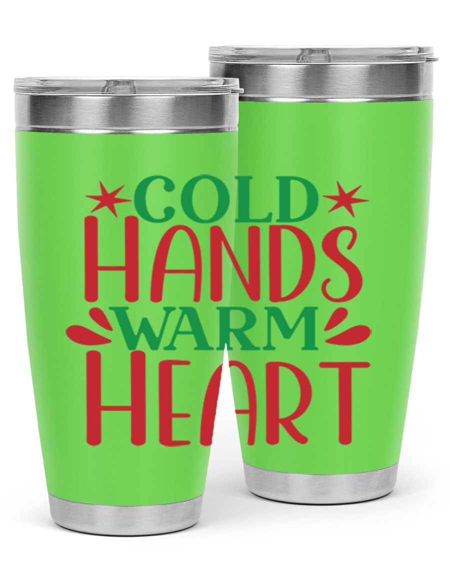 Cold Hands Warm Heart 20oz Tumbler in stainless steel with a drink-thru lid, showcasing its sleek design and vibrant print.