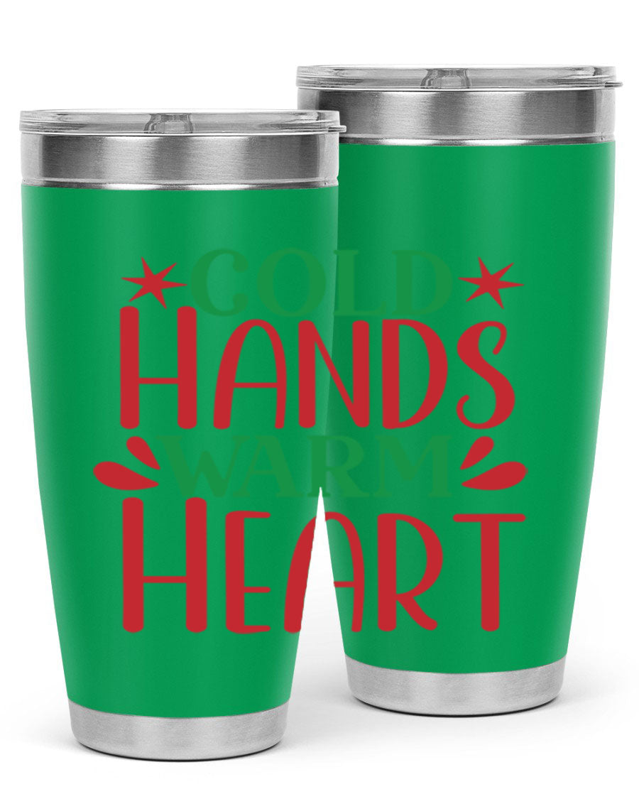 Cold Hands Warm Heart 20oz Tumbler in stainless steel with a drink-thru lid, showcasing its sleek design and vibrant print.