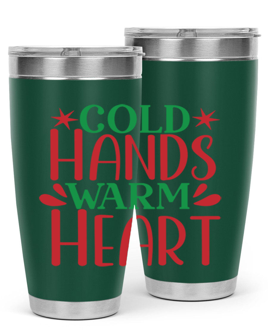 Cold Hands Warm Heart 20oz Tumbler in stainless steel with a drink-thru lid, showcasing its sleek design and vibrant print.