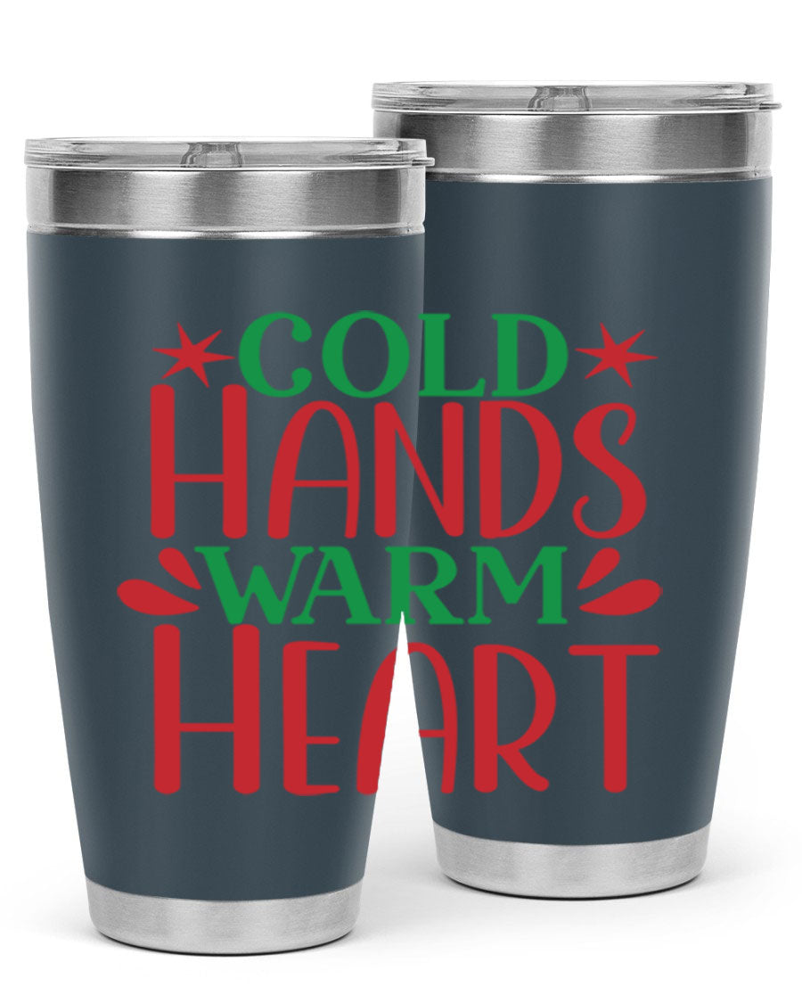 Cold Hands Warm Heart 20oz Tumbler in stainless steel with a drink-thru lid, showcasing its sleek design and vibrant print.