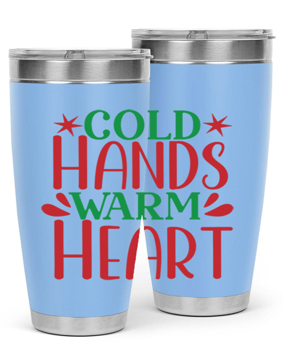 Cold Hands Warm Heart 20oz Tumbler in stainless steel with a drink-thru lid, showcasing its sleek design and vibrant print.