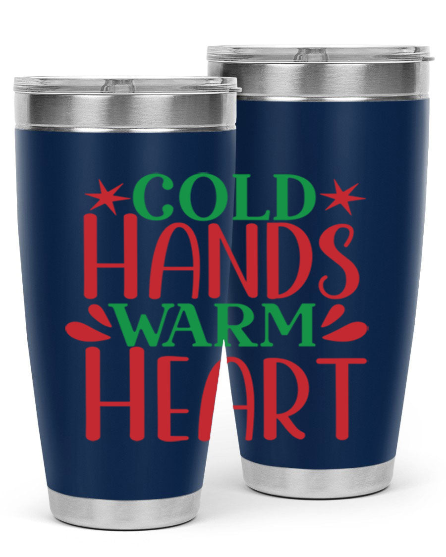 Cold Hands Warm Heart 20oz Tumbler in stainless steel with a drink-thru lid, showcasing its sleek design and vibrant print.