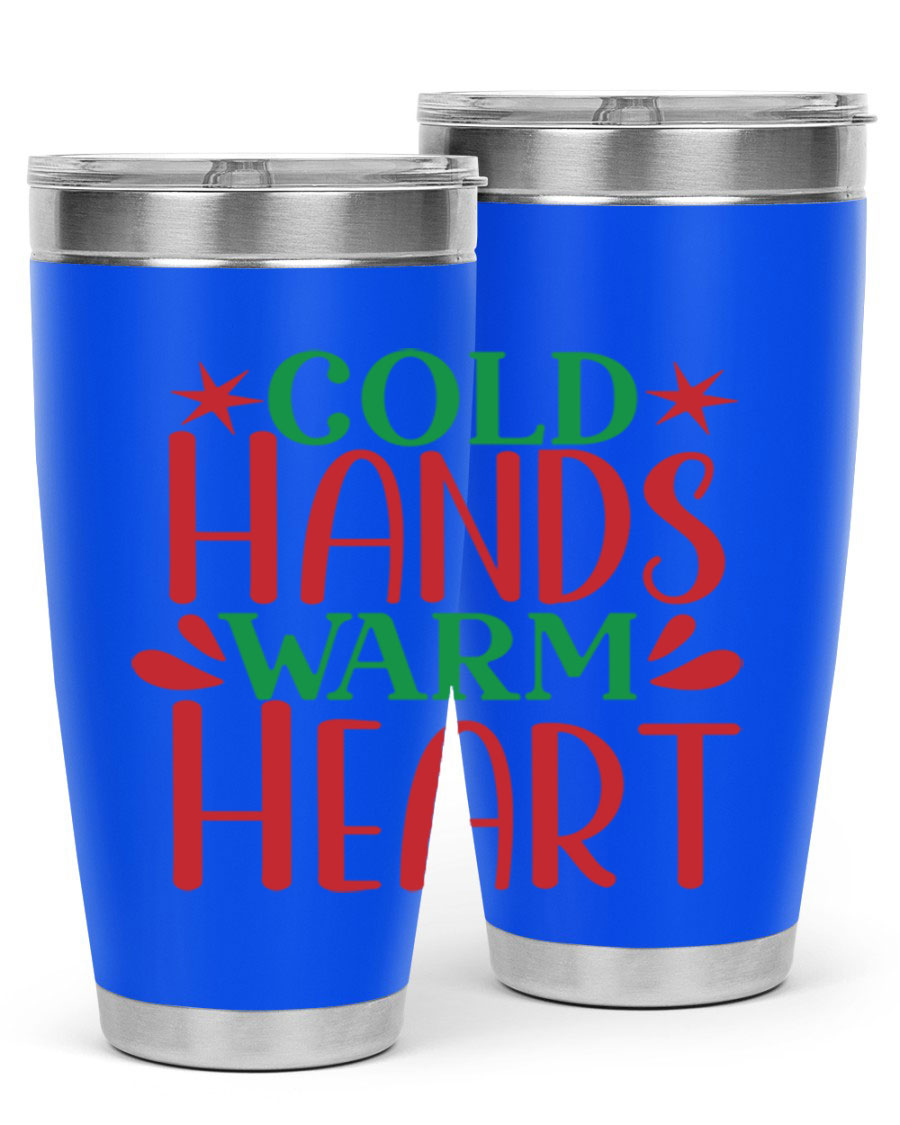 Cold Hands Warm Heart 20oz Tumbler in stainless steel with a drink-thru lid, showcasing its sleek design and vibrant print.